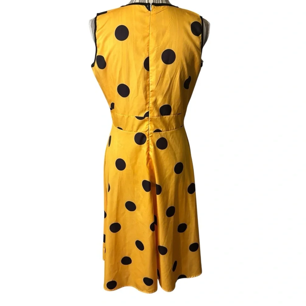 Yellow Polka Dot Dress Large Midi Sleeveless Faux Wrap Black Dots Cotton Poly - Picture 6 of 16